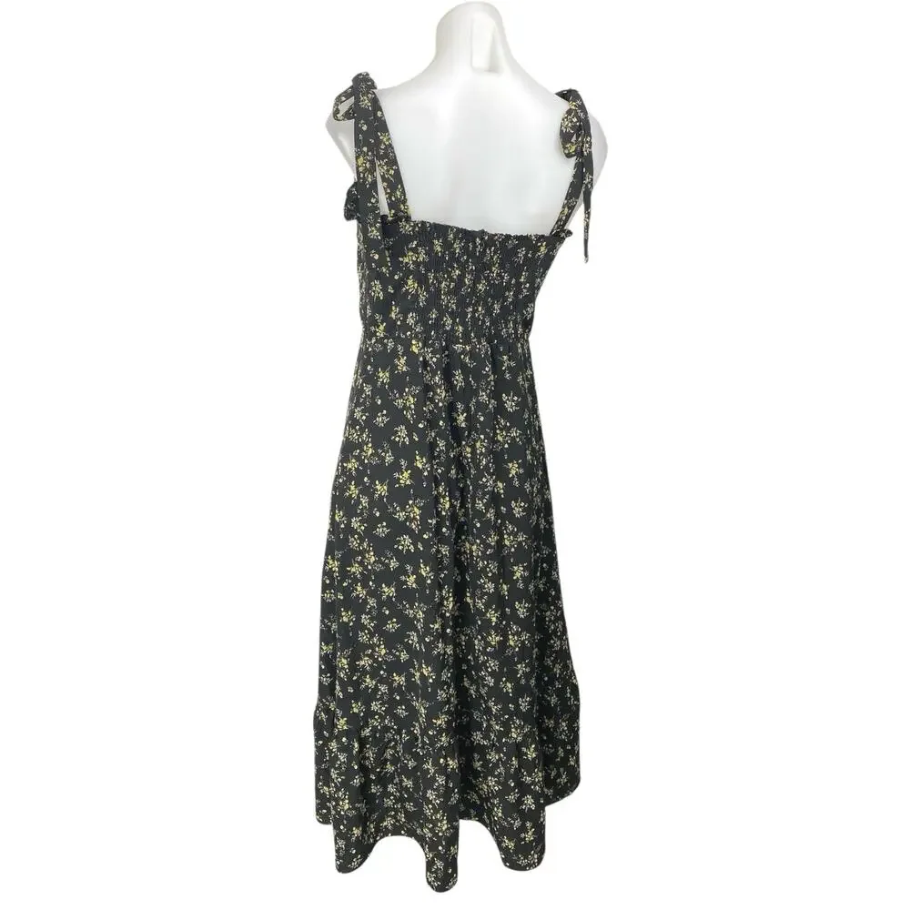 O.P.T Black Yellow Floral Sleeveless Tie Strap Cami Tank Midi A Line Dress Sz L